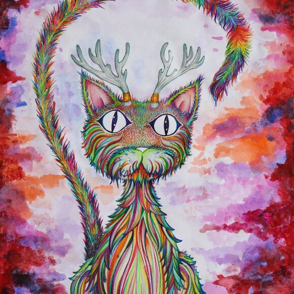 Trippy Rainbow Kitty with antlers Art Print 8x10" - Picture 3 of 3